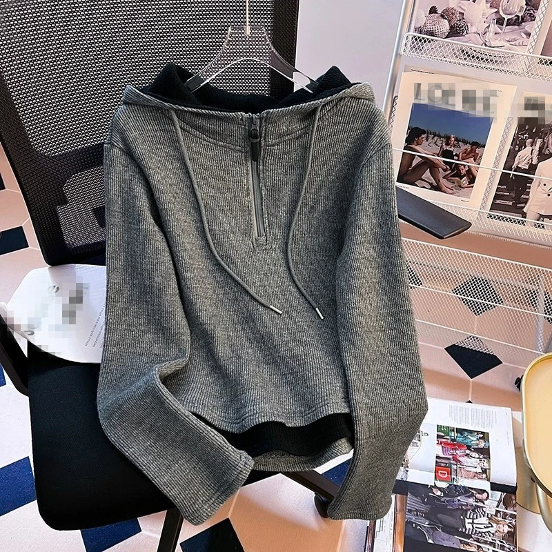 春秋慵懒风连帽卫衣流行打底衫大码修身设计感假两件外穿上衣