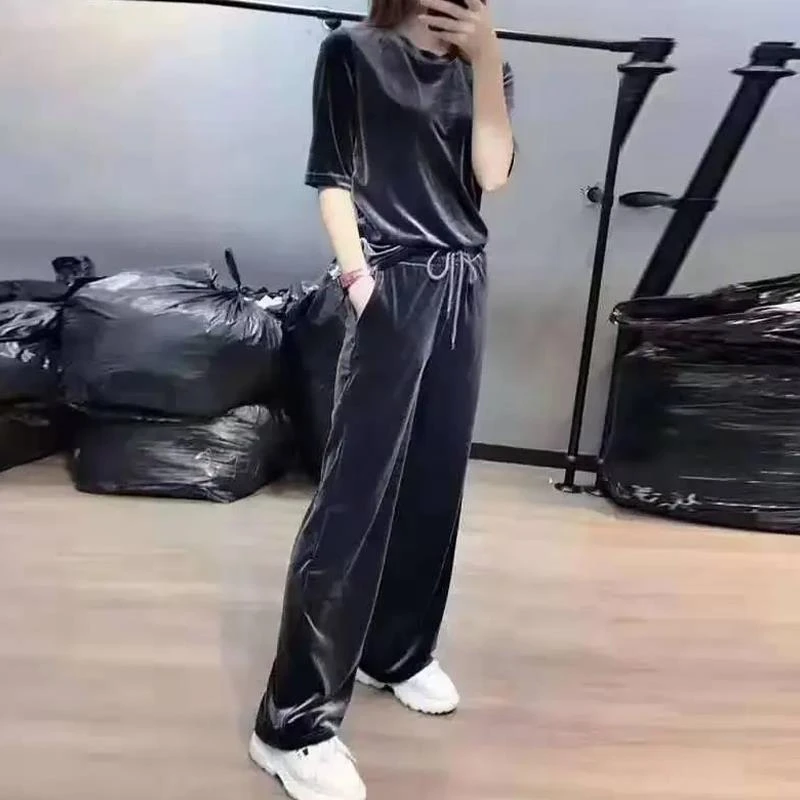 春夏女套装金丝绒高端洋气休闲设计感个性宽松上衣阔腿裤两件套潮