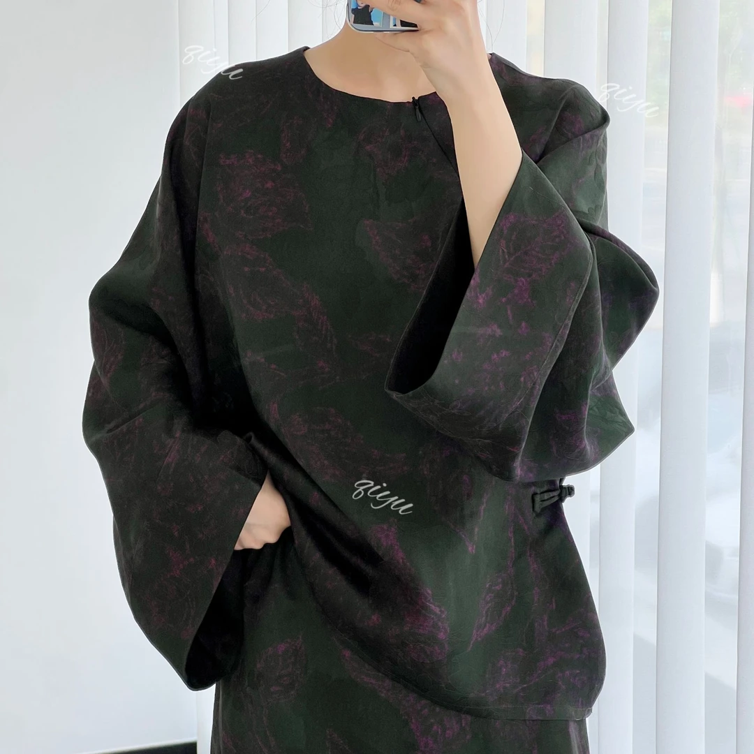 祈羽香云纱 100桑蚕丝墨绿紫花罗大袖口拉链上衣