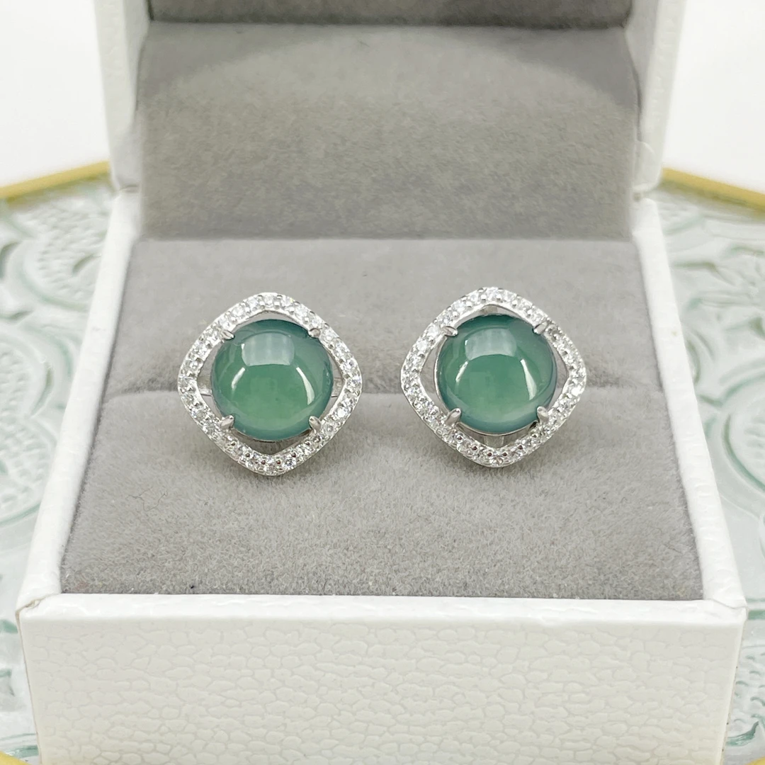 A货上等翡翠耳钉S925银8mm蓝水时尚百搭镂空设计小众珠宝耳饰ML13