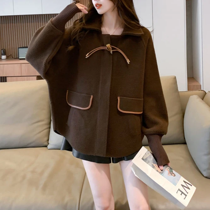 小香风外套女秋冬新款宽松大码外套时尚口袋牛角扣小个子毛呢外套