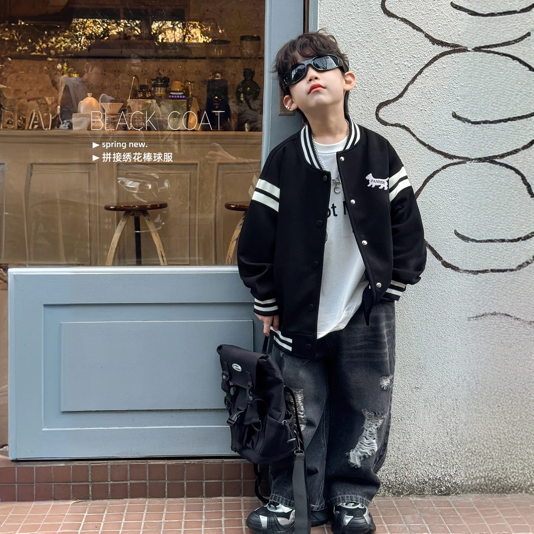 2025男童百搭上衣春款童装韩版男孩拼接棒球服小狗刺绣儿童外套潮
