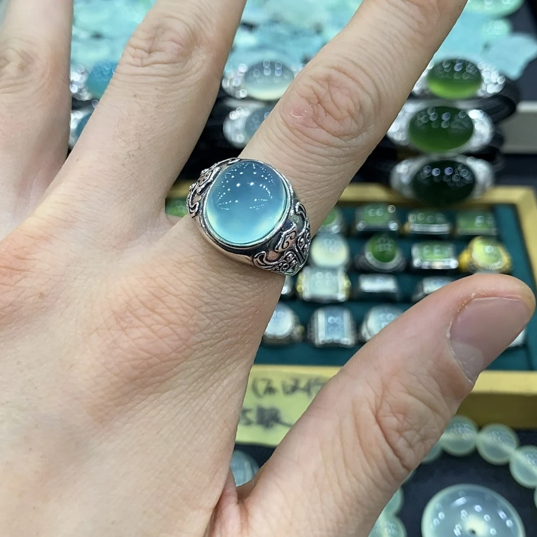 【闪购商品】银S925镶嵌蛇纹石玉戒指