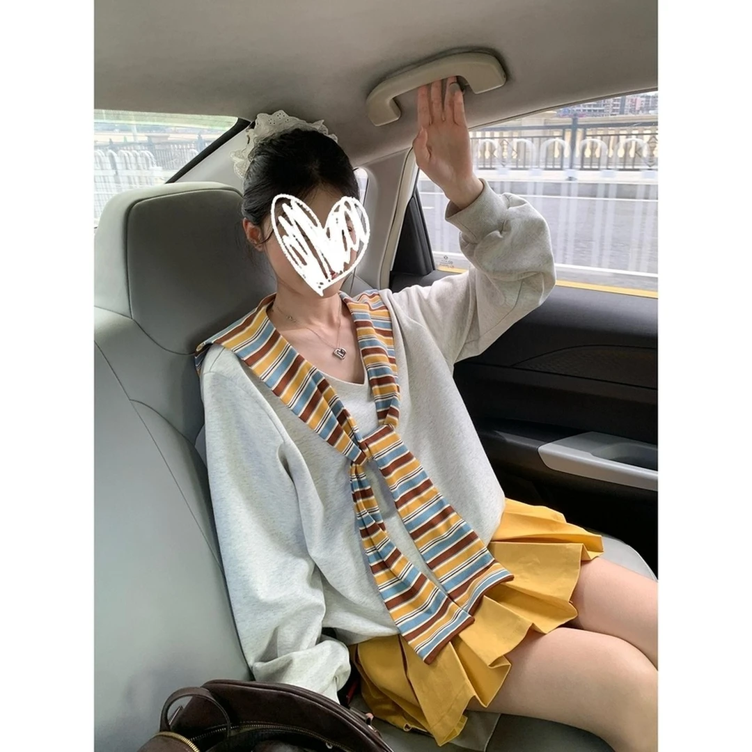 韩系V领条纹披肩假两件卫衣外套女早秋穿搭宽松长袖上衣潮