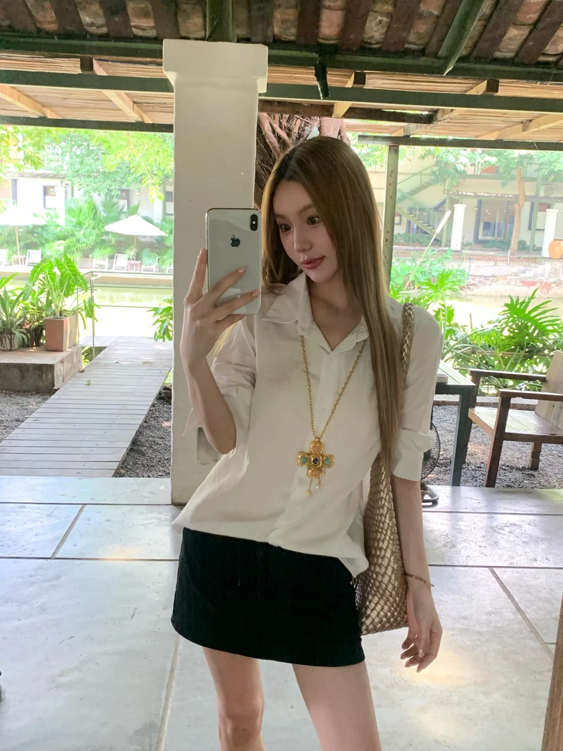 番茄妹妹Tomatosister 松弛卷边短袖白衬衫宽松夏季新款衬衣上衣