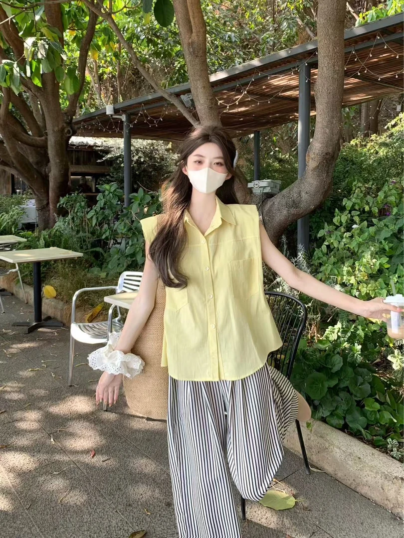 Y T原创（设计感polo领衬衫坎肩配腰带小衫收腰宽松显瘦衬衣）2932