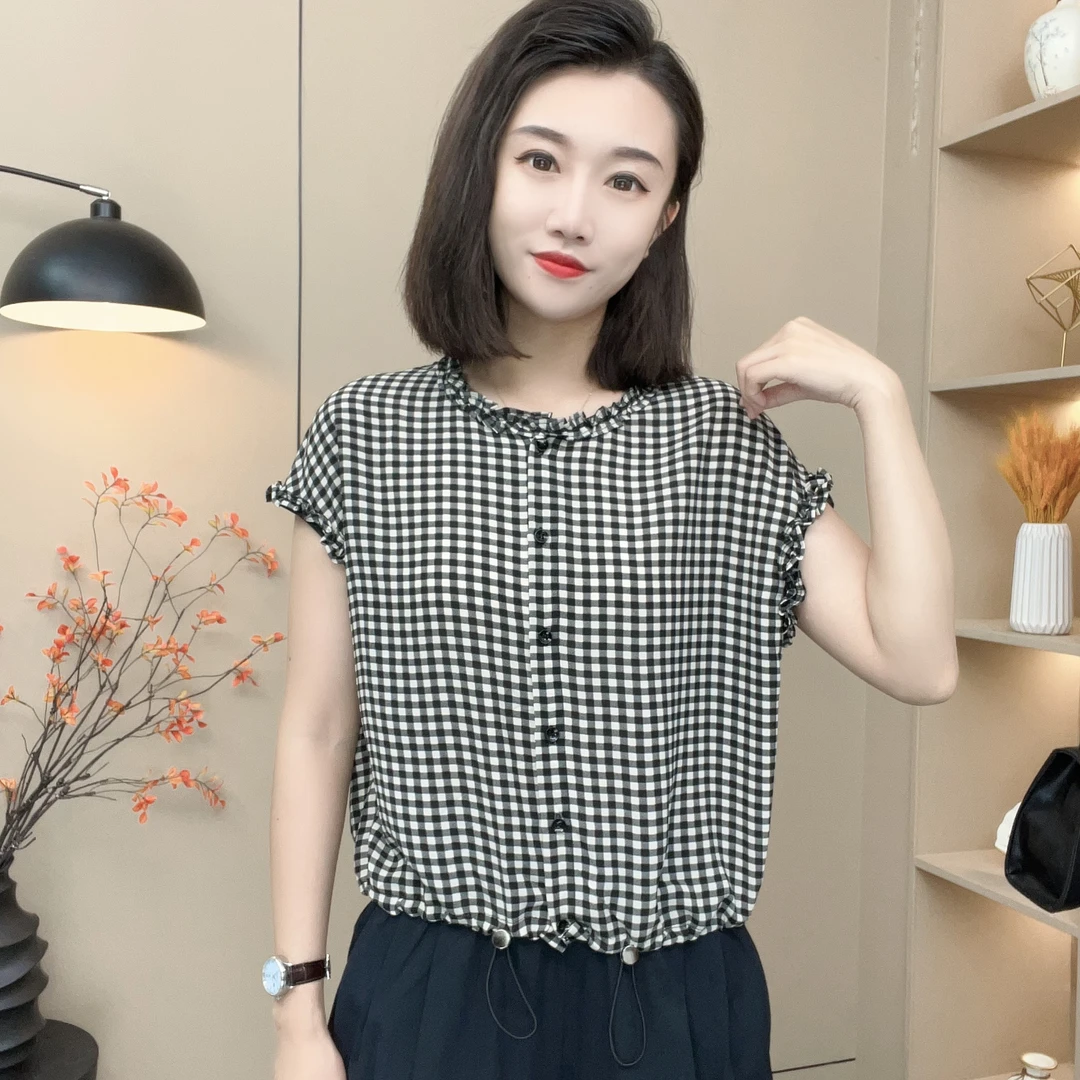夏季新款时尚格子衬衫短袖洋气减龄潮流百搭时尚气质女士显瘦上衣