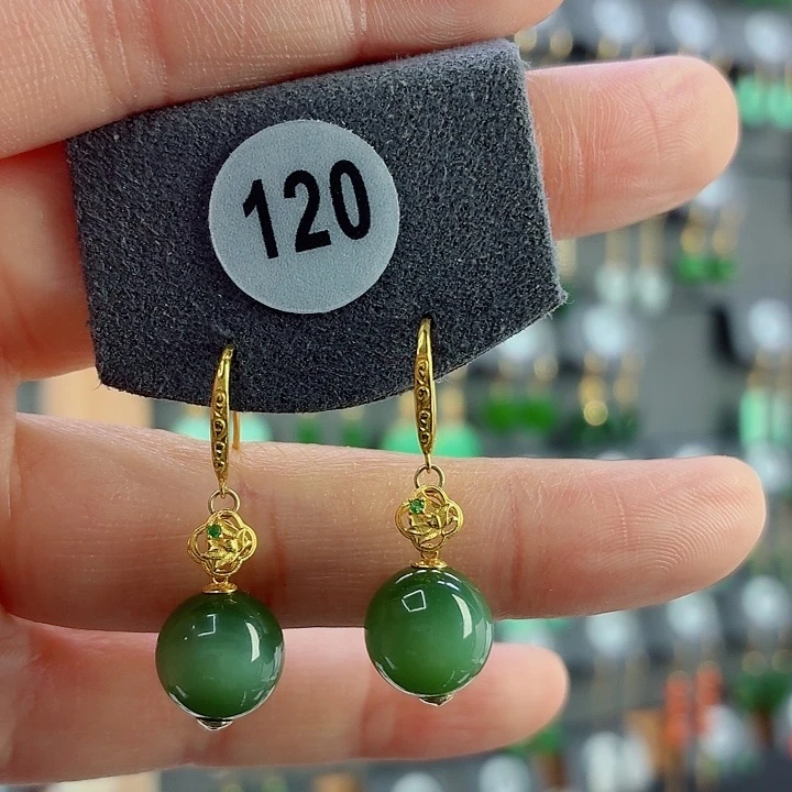 和田玉18K金镶嵌耳饰