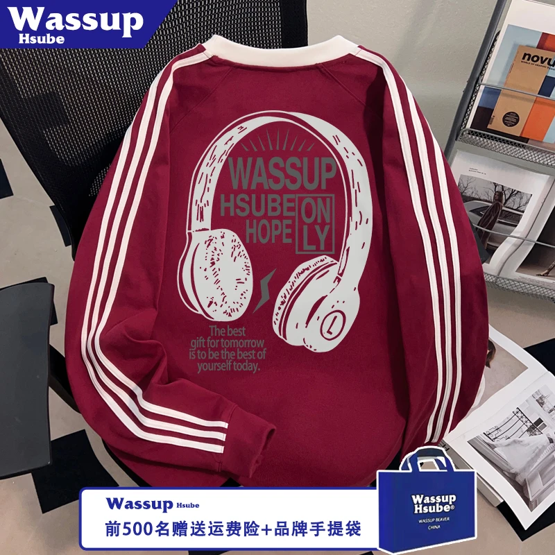 WASSUP HSUBE耳机英文印花T恤ins秋季男女款上衣三条杠100%棉长袖