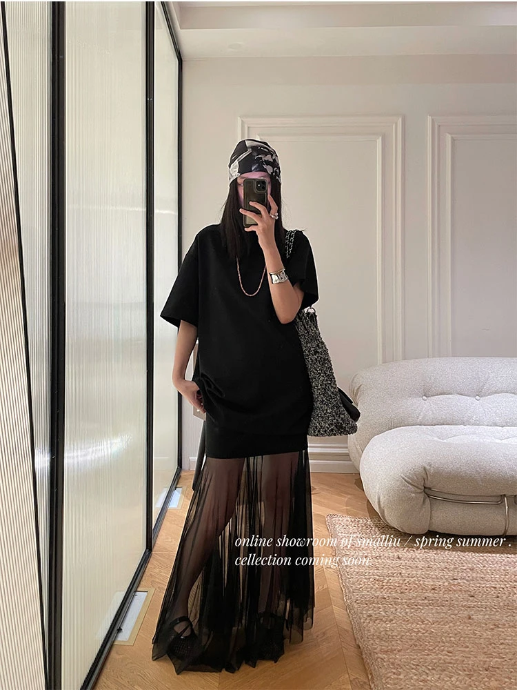 SMALLIU【黑色/白色】设计感纯色自由简约网纱套装