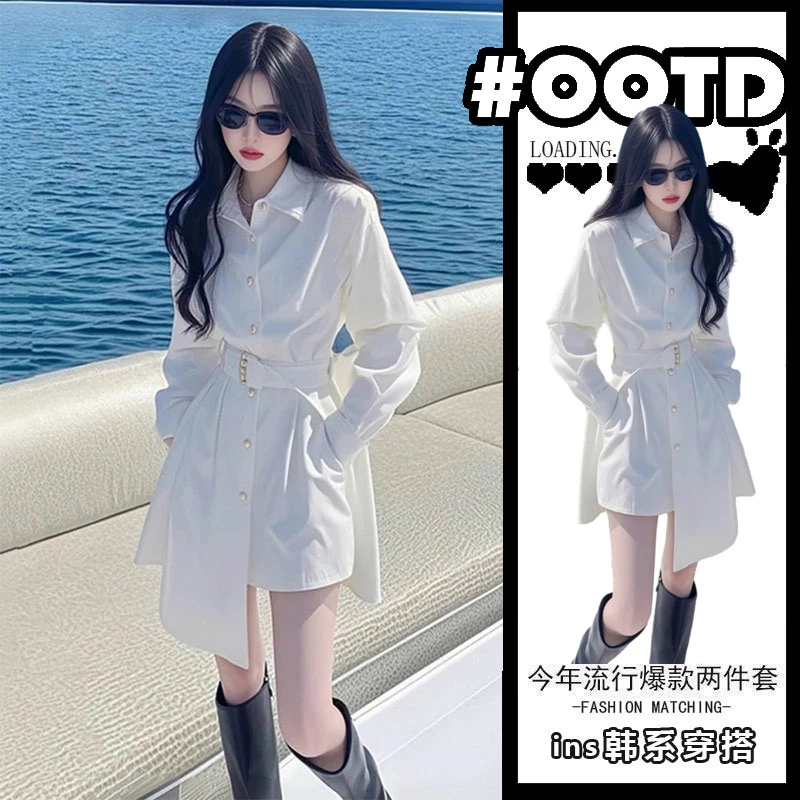 气质轻奢翻领衬衫连衣裙女2025秋季新款收腰显瘦不规则短裙高级感