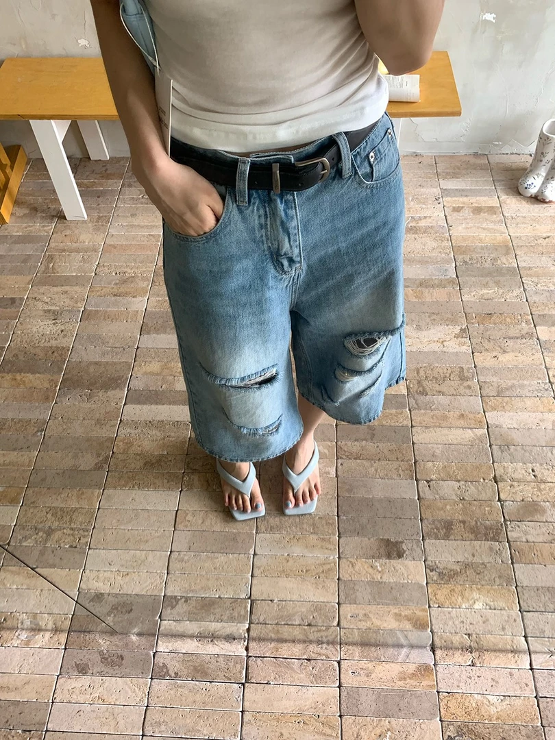 ONEXH·2025夏季洗水破洞显瘦七分牛仔裤百搭韩系高腰直筒八分裤