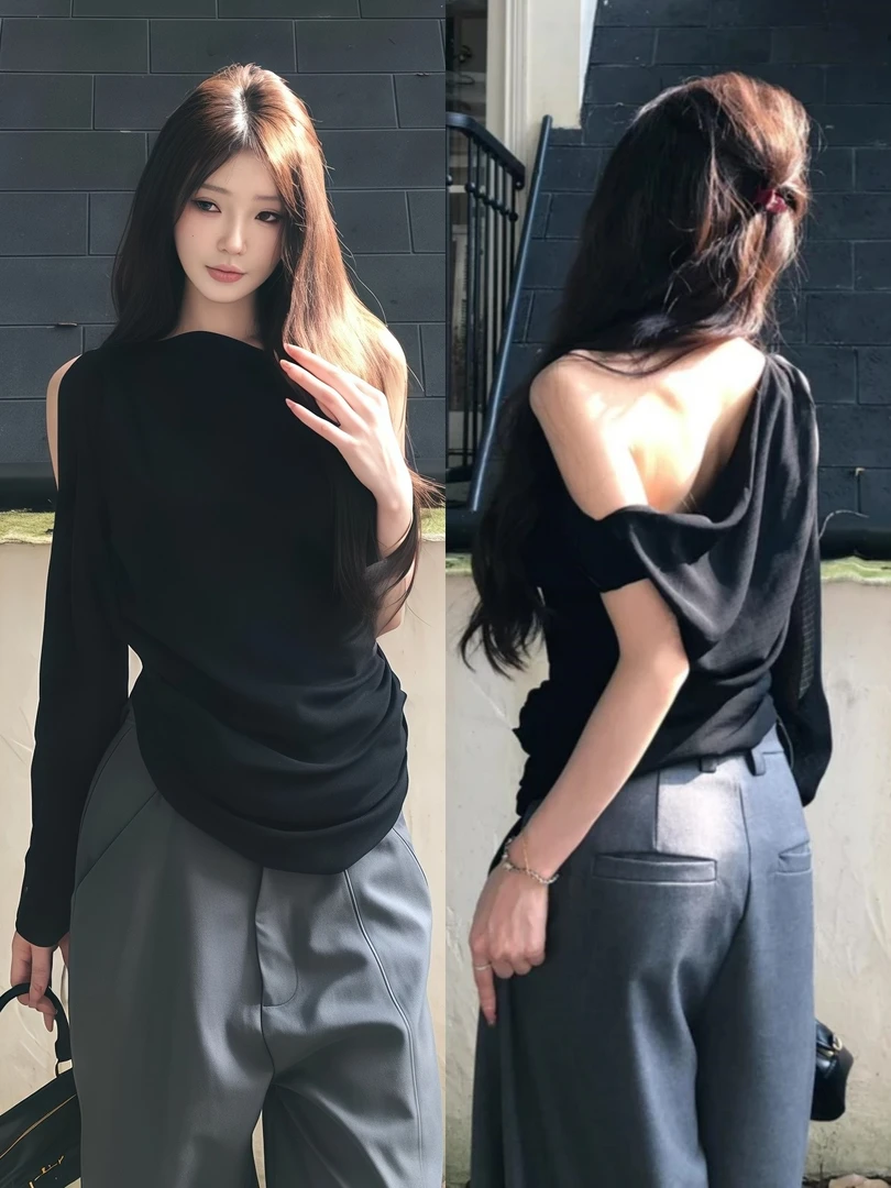 斜肩雪纺上衣法式时尚洋气设计感斜肩镂空长袖T恤女秋季百搭显瘦