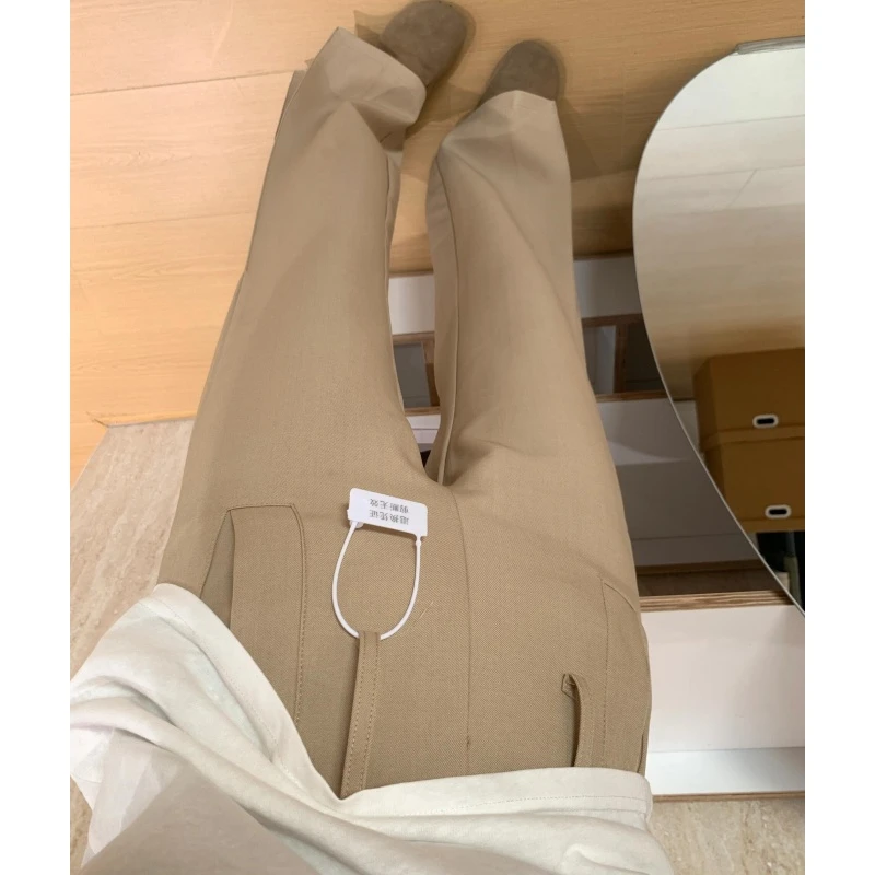 175高个子加长美式卡其色微喇裤女夏新款休闲宽松拖地喇叭西装裤