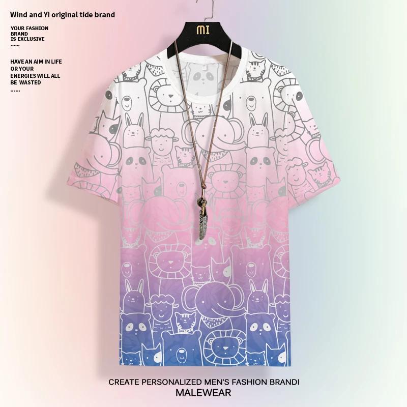 ins潮牌短袖T恤男设计感小众渐变图案青少年圆领大码半袖薄款体恤