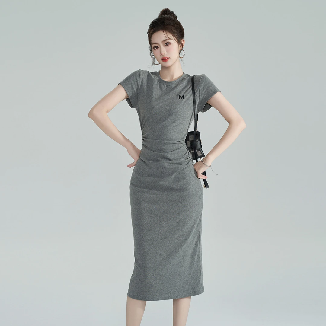 夏季刺绣通勤时尚休闲包臀T恤裙子收腰后妈裙显瘦气质连衣裙女