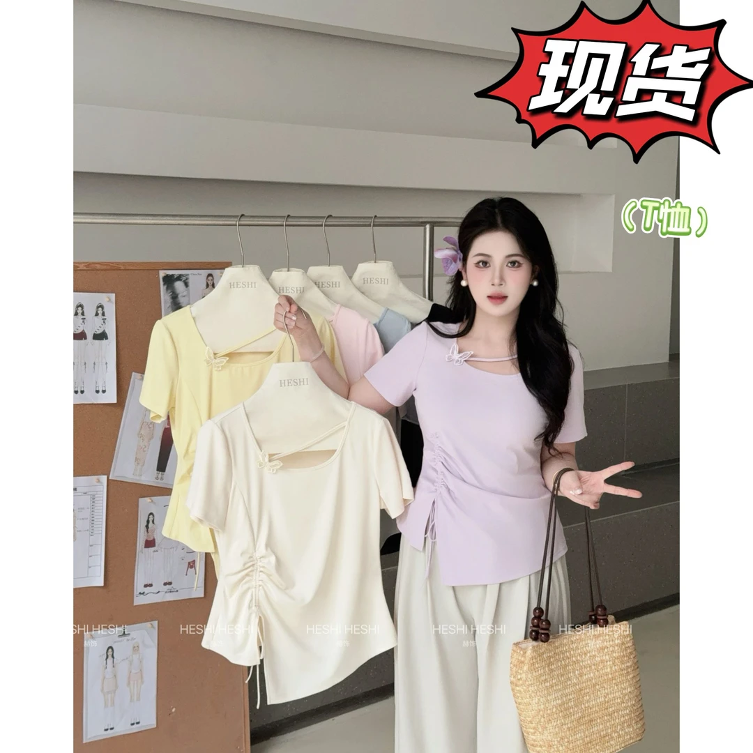 现货【嘎嘎】胖MM新款短袖t恤2025夏季大码遮肉显瘦上衣04139D