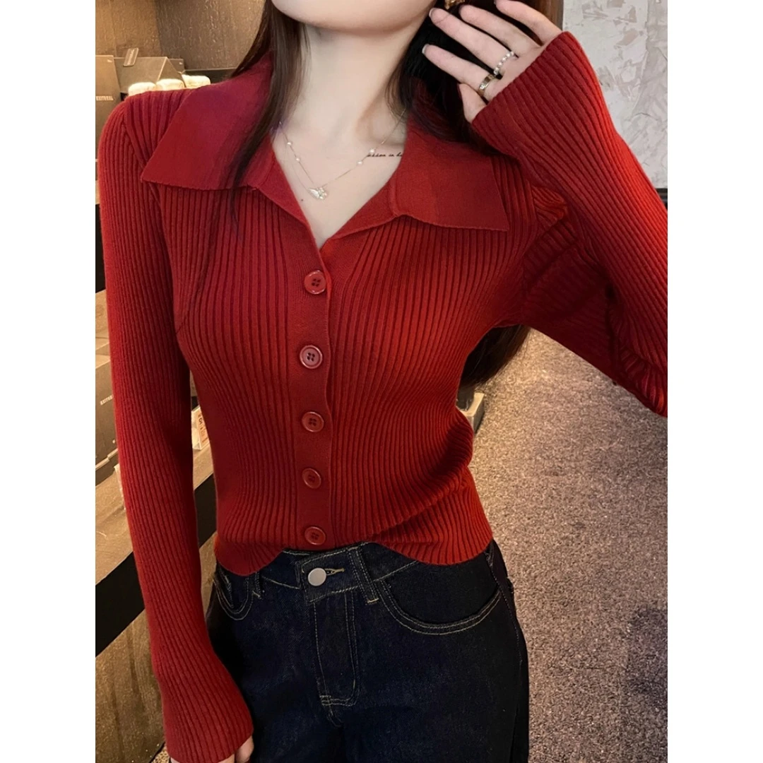 红色polo领针织衫女2025早秋新款小香风毛衣长袖打底修身翻领上衣