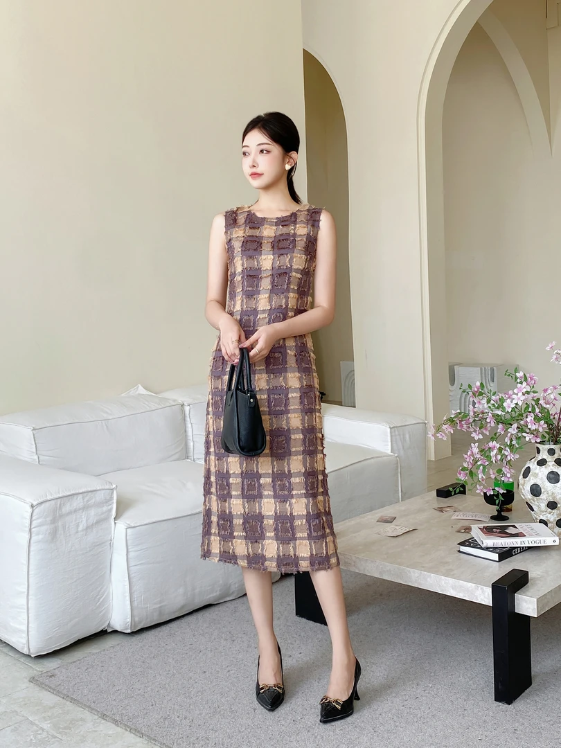 格子轻职风通勤高弹力无袖连衣裙复古法式针织气质显瘦修身