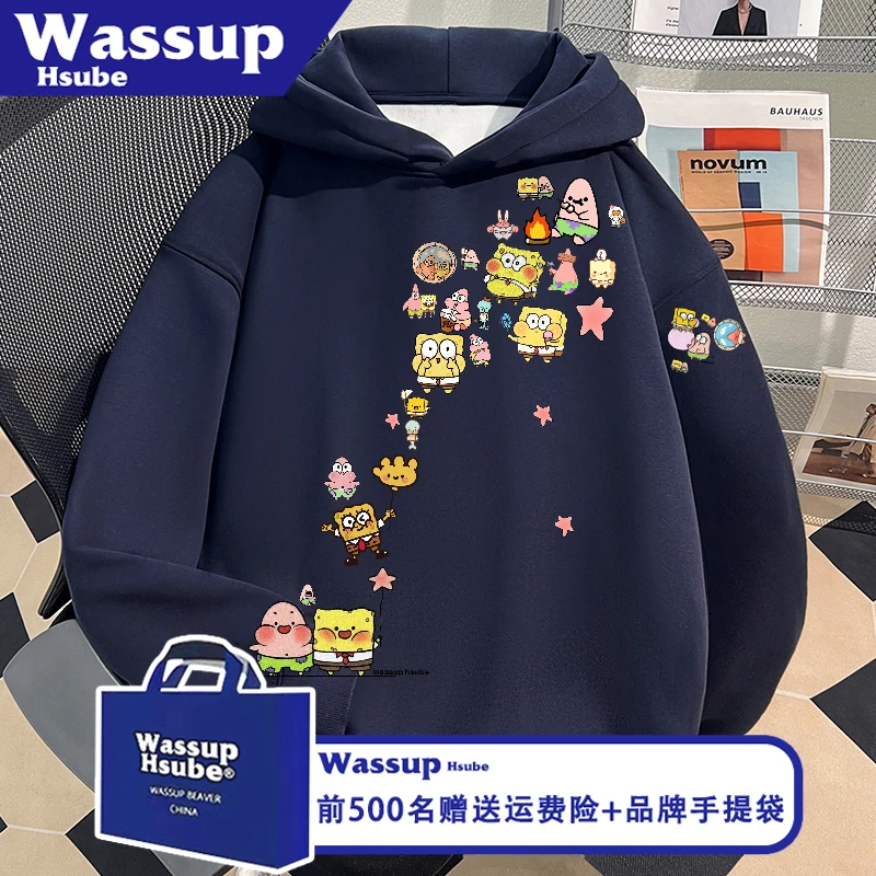 WASSUP HSUBE海绵宝宝印花慵懒男女百搭上衣秋季藏青休闲连帽卫衣