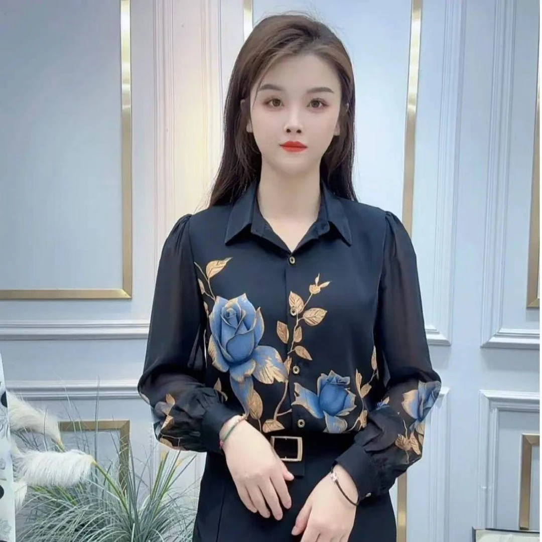 春季时尚新款印花长袖衬衫气质显瘦百搭洋气宽松设计感小众轻奢