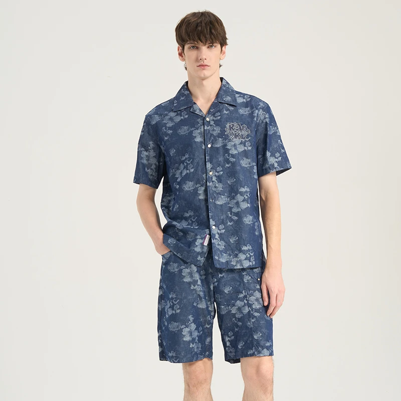 RARE威雅男装2025春夏新款蓝色时尚透气短衬上衣