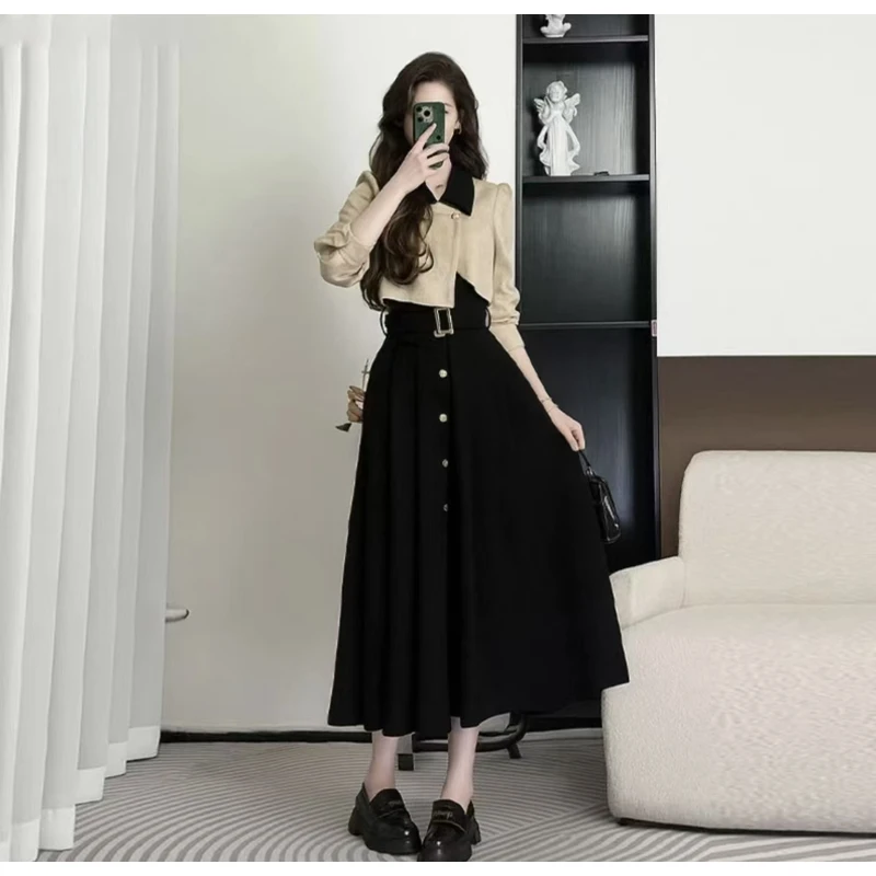 W233 法式气质假两件连衣裙秋季新款高级感独特别致显瘦收腰长裙