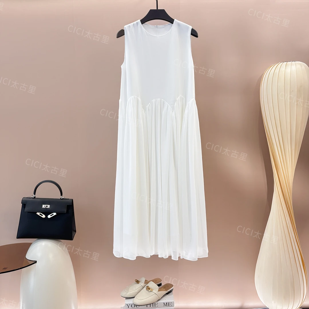 雾绡叠縠 波浪拼接无袖连衣裙显瘦背心A字中长裙LL-6000031-白