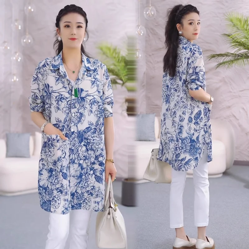 设计感印花衬衫女2025春夏新款洋气中长款薄款宽松遮肚子防晒开衫