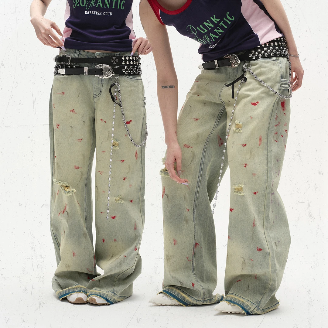 BabeFish Onze 原创设计泼墨显瘦阔腿直筒低腰牛仔裤水洗做旧重工