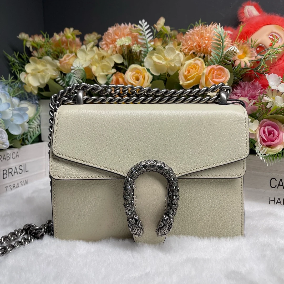 99新 GUCCI/古驰 白色小号酒神奶昔白色镶钻扣 链条包 80097