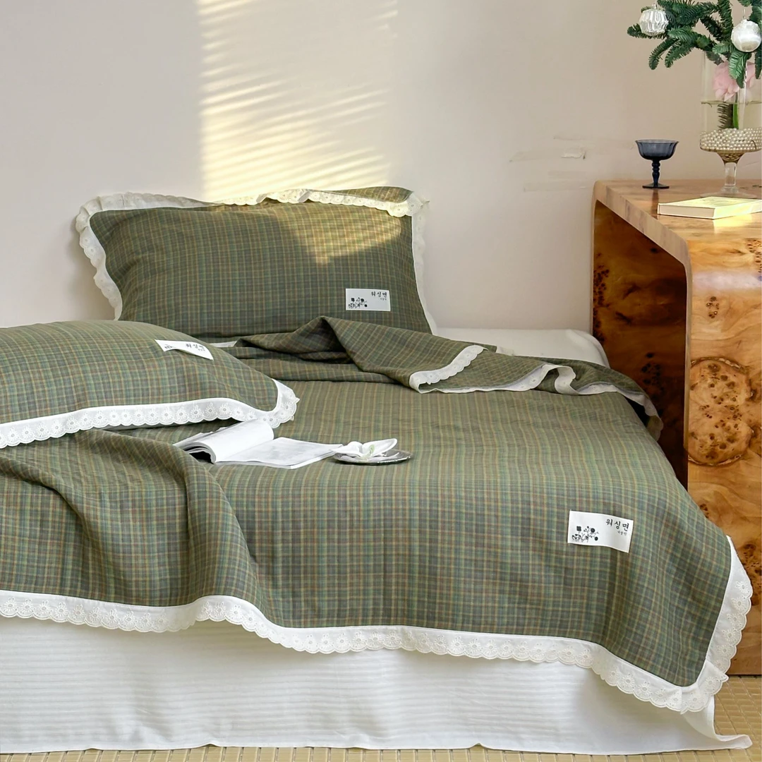 【MJ】复古格系列 水洗色织全棉花边纱布床盖三件套230*250