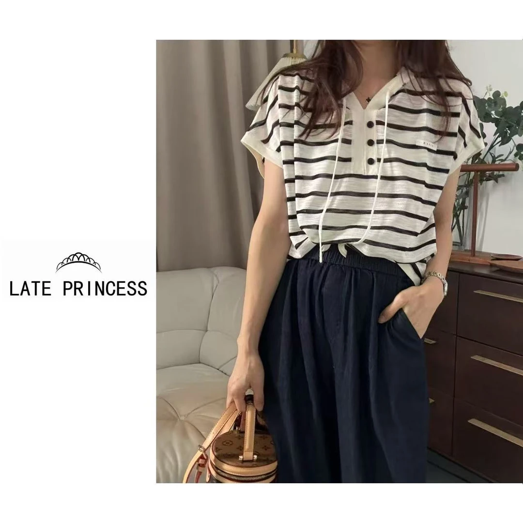 LATE PRINCESS【青釉】夏季新款连帽短条纹针织小衫