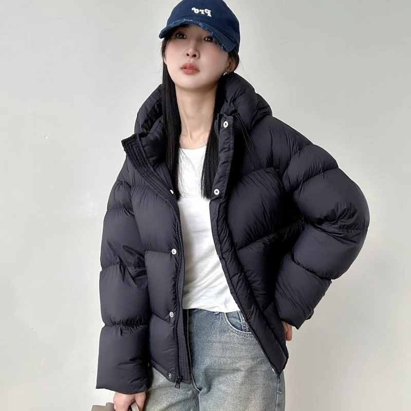 米色短款小个子羽绒服2025冬季新款高级感连帽休闲白鸭绒女面包服