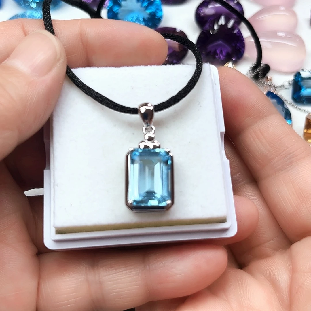 托帕石颈饰银S925镶嵌长方形精美祖母切赠送项链