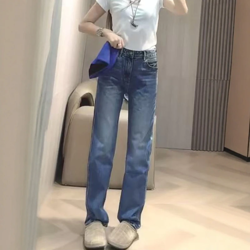 大码女装复古百搭直筒牛仔裤女秋季新款弹力高腰显瘦窄版阔腿裤子