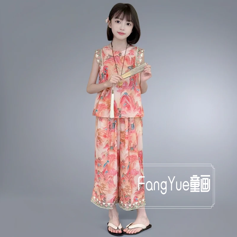 中式亲子国风夏款国风套装新款中国风国潮高货山水透气夏季民族风