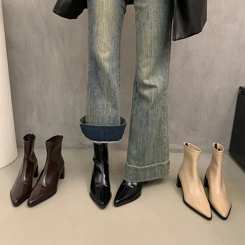 韩版粗跟尖头短筒靴高跟靴女鞋秋冬新款法式瘦瘦裸靴切尔西短靴