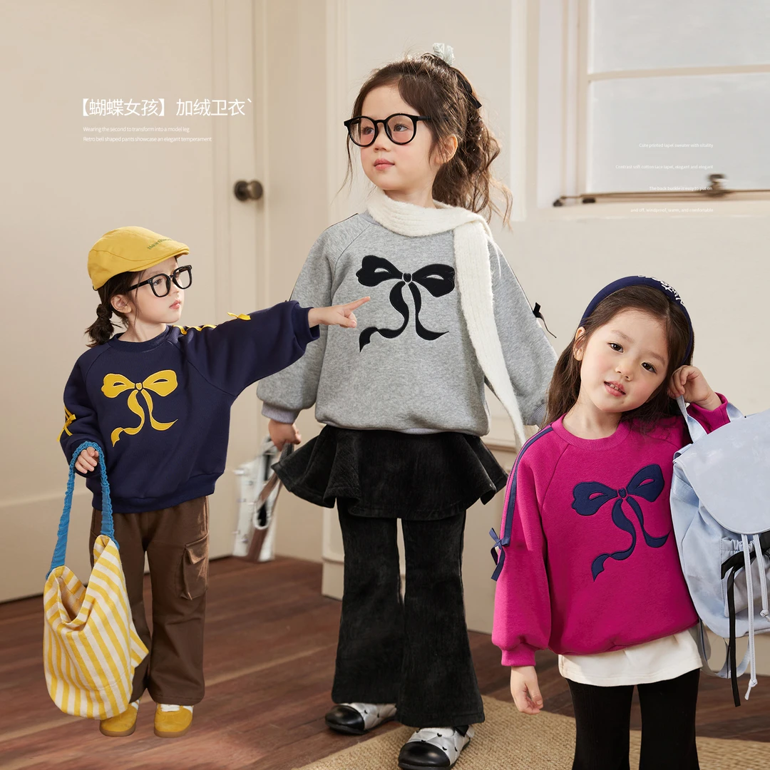 小O宝OKids童装 宝宝蝴蝶结卫衣女加绒2025婴儿气质上衣 ODR94055