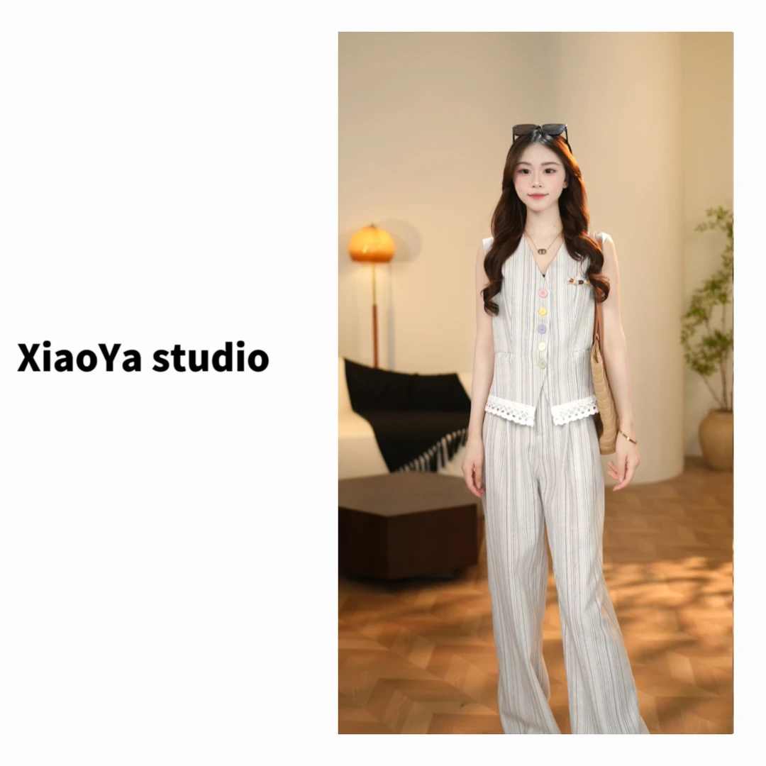 【露露】 气质无袖条纹女夏季新款宽松显瘦马甲+直筒裤套装88809