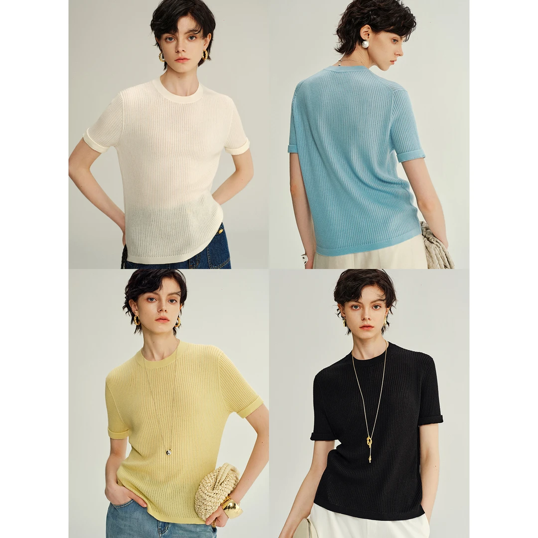 COKEYA/镇店精纯~60支精纺羊毛经典圆领百搭针织短袖T恤夏女