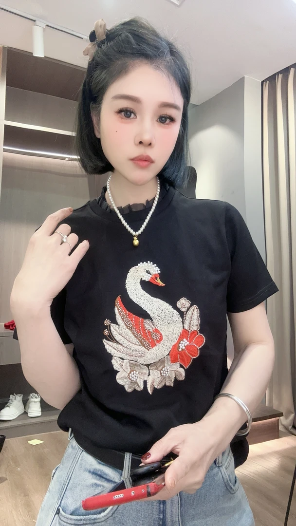 【YUANJIE】欧洲站新款女宽松时尚休闲百搭纯色刺绣短袖T恤