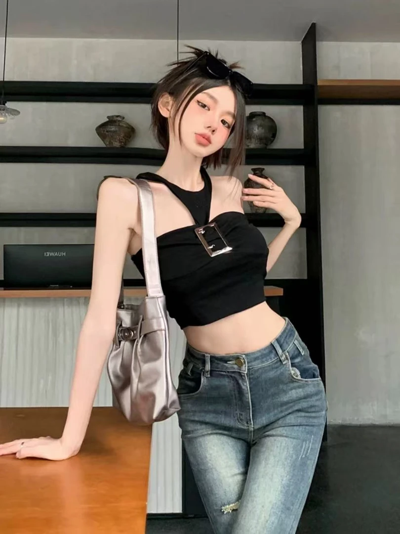 B9-3黑色“交叉挂脖金属扣”抹胸上衣（9118）