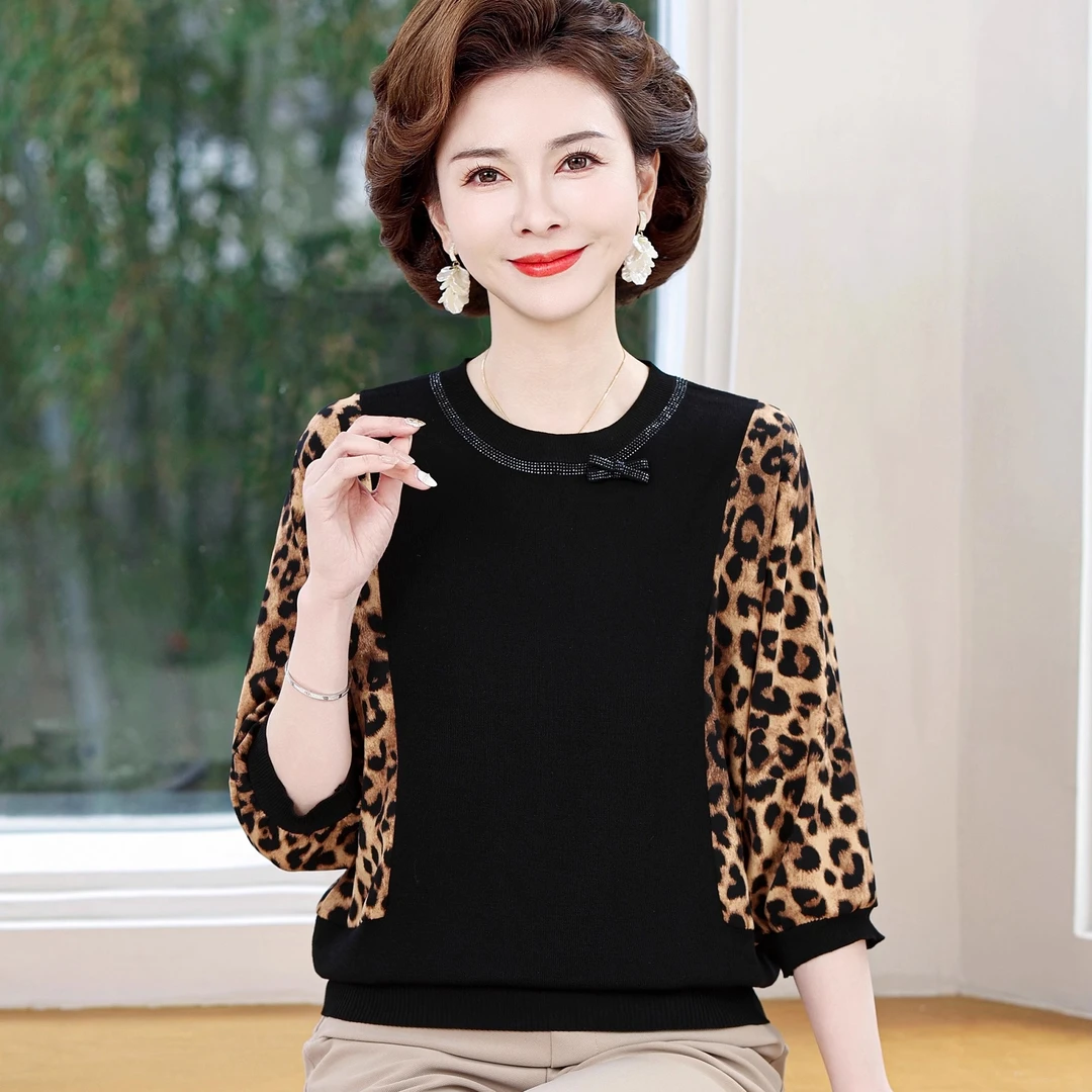 婆婆妈妈装秋装T恤七分袖洋气小衫中老年女母亲衣服春秋薄款上衣