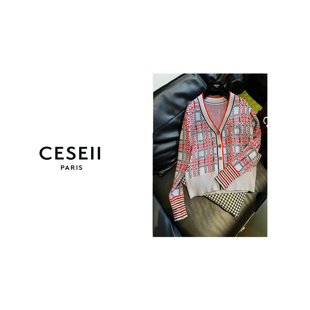 【XJ1331】CESEII秋冬新款时尚复古格纹色织工艺针织外套