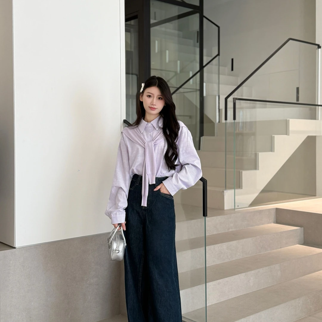 薄款条纹宽松型衬衫韩版小众百搭宽松长袖披肩上衣春季00016831