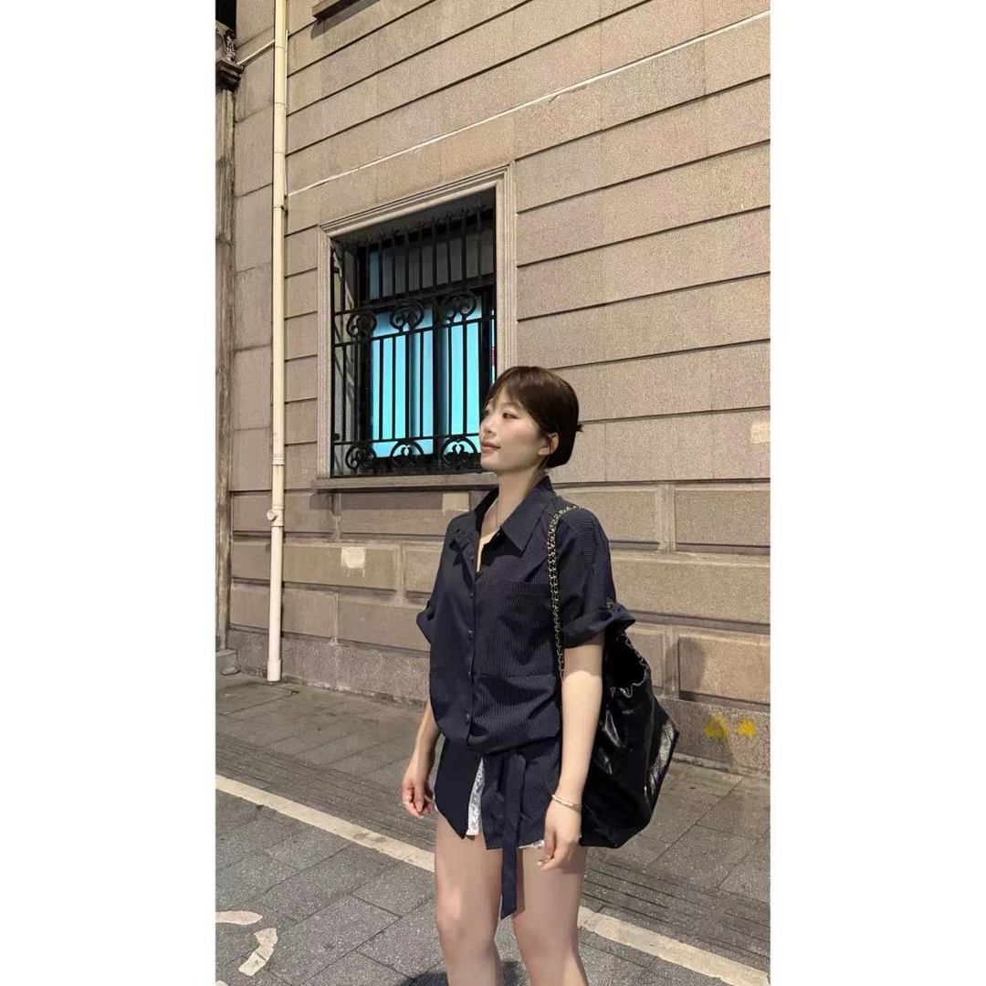 BOLUOBAO 自留款！竖条纹小众设计调性慵懒感长款衬衫