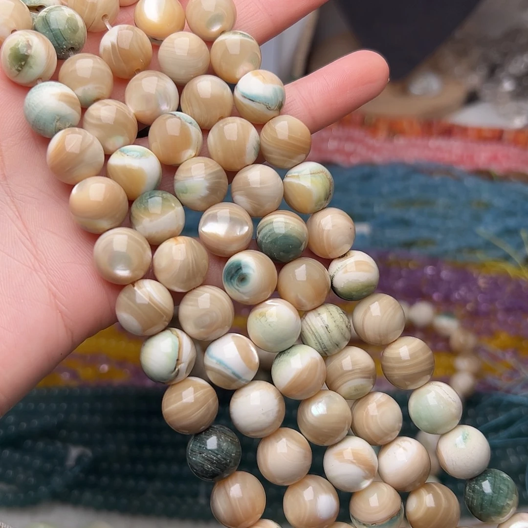 玛瑙/玉髓合金珠宝半成品Y520。12.5mm天然夜光螺圆珠一条/拍二