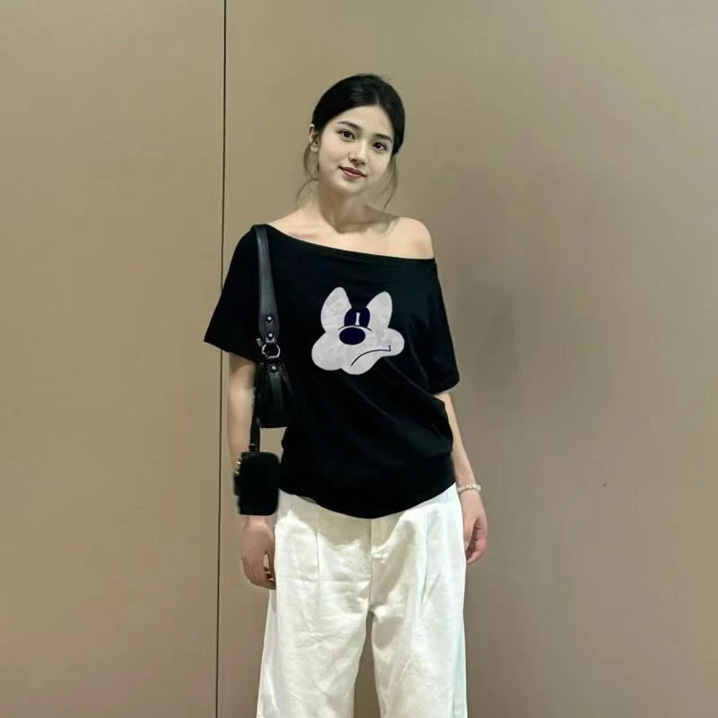 韩版辣妹风米奇印花短袖t恤女夏季通勤时尚穿搭修身宽松露肩上衣