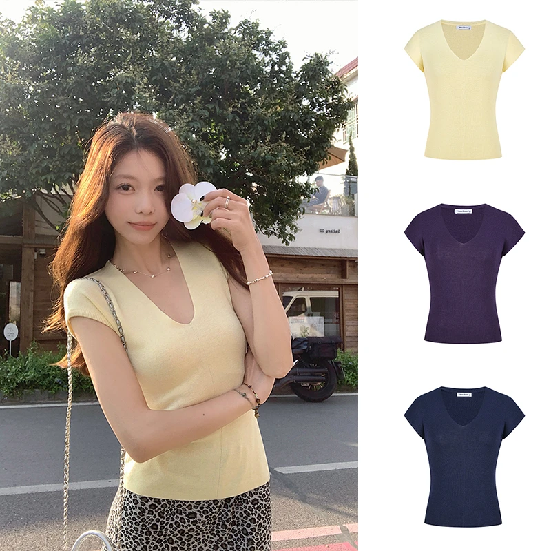 Moses Queen/魔西女王温柔奶黄色低领小风袖短袖T恤百搭修身上衣